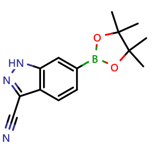 Chemical structure of 6-(tetramethyl-1,3,2-dioxaborolan-2-yl)-1H-indazole-3-carbonitrile , AChemBlock S85270
