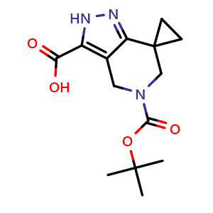 Chemical structure of 5-tert-butoxycarbonylspiro[4,6-dihydro-2H-pyrazolo[4,3-c]pyridine-7,1'-cyclopropane]-3-carboxylic acid , CAS 2306268-11-9, AChemBlock S85279