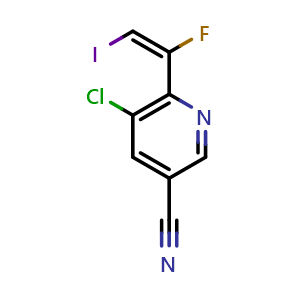 Chemical structure of 5-chloro-6-[(E)-1-fluoro-2-iodo-vinyl]pyridine-3-carbonitrile , CAS 2306281-21-8, AChemBlock S85311