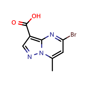 Chemical structure of 5-bromo-7-methyl-pyrazolo[1,5-a]pyrimidine-3-carboxylic acid , CAS 2306278-39-5, AChemBlock S85319