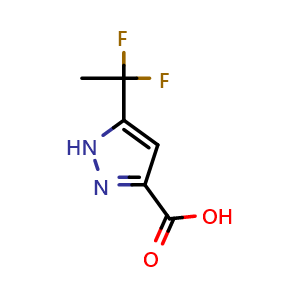 Chemical structure of 5-(1,1-difluoroethyl)-1H-pyrazole-3-carboxylic acid , CAS 681034-53-7, AChemBlock S85362