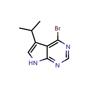 Chemical structure of 4-bromo-5-isopropyl-7H-pyrrolo[2,3-d]pyrimidine , CAS 2306263-42-1, AChemBlock S85404
