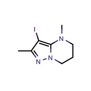 Chemical structure of 3-iodo-2,4-dimethyl-4H,5H,6H,7H-pyrazolo[1,5-a]pyrimidine , CAS 2306275-13-6, AChemBlock S85456