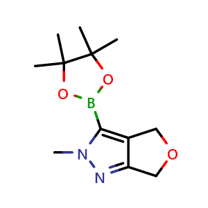 Chemical structure of 2-methyl-3-(tetramethyl-1,3,2-dioxaborolan-2-yl)-2H,4H,6H-furo[3,4-c]pyrazole , AChemBlock S85539