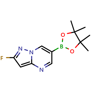 Chemical structure of 2-fluoro-6-(tetramethyl-1,3,2-dioxaborolan-2-yl)pyrazolo[1,5-a]pyrimidine , AChemBlock S85550
