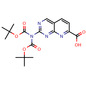 Chemical structure of 2-[bis(tert-butoxycarbonyl)amino]pyrido[2,3-d]pyrimidine-7-carboxylic acid , CAS 2306262-27-9, AChemBlock S85615