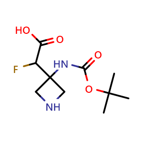 Chemical structure of 2-[3-(tert-butoxycarbonylamino)azetidin-3-yl]-2-fluoro-acetic acid , CAS 2306262-64-4, AChemBlock S85619