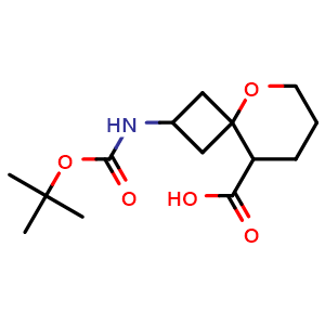 Chemical structure of 2-(tert-butoxycarbonylamino)-5-oxaspiro[3.5]nonane-9-carboxylic acid , CAS 2306271-22-5, AChemBlock S85665