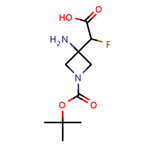 Chemical structure of 2-(3-amino-1-tert-butoxycarbonyl-azetidin-3-yl)-2-fluoro-acetic acid , CAS 2306262-67-7, AChemBlock S85686