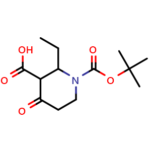Chemical structure of 1-tert-butoxycarbonyl-2-ethyl-4-oxo-piperidine-3-carboxylic acid , CAS 2306265-48-3, AChemBlock S85719
