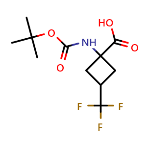 Chemical structure of 1-(tert-butoxycarbonylamino)-3-(trifluoromethyl)cyclobutanecarboxylic acid , CAS 2306270-08-4, AChemBlock S85776
