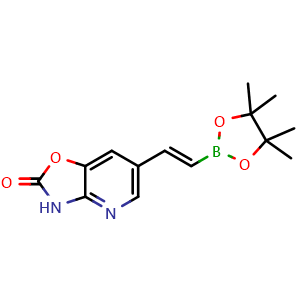 Chemical structure of (E)-6-(2-(4,4,5,5-tetramethyl-1,3,2-dioxaborolan-2-yl)vinyl)oxazolo[4,5-b]pyridin-2(3H)-one , CAS 2377227-47-7, AChemBlock S85873