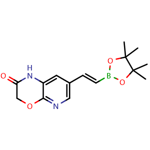 Chemical structure of (E)-7-(2-(4,4,5,5-tetramethyl-1,3,2-dioxaborolan-2-yl)vinyl)-1H-pyrido[2,3-b][1,4]oxazin-2(3H)-one , CAS 2377227-46-6, AChemBlock S85874