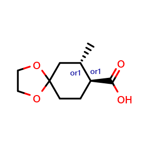 Chemical structure of trans-7-methyl-1,4-dioxaspiro[4.5]decane-8-carboxylic acid , CAS 1932535-54-0, AChemBlock S85888