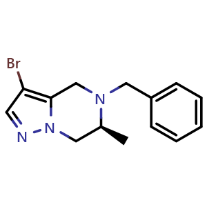 Chemical structure of (6S)-5-benzyl-3-bromo-6-methyl-6,7-dihydro-4H-pyrazolo[1,5-a]pyrazine , CAS 2306252-53-7, AChemBlock S85898