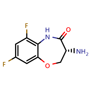 Chemical structure of (3R)-3-amino-6,8-difluoro-2,3,4,5-tetrahydro-1,5-benzoxazepin-4-one , CAS 2306249-49-8, AChemBlock S86008