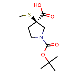 Chemical structure of (3R)-1-tert-butoxycarbonyl-3-methylsulfanyl-pyrrolidine-3-carboxylic acid , CAS 2306247-87-8, AChemBlock S86015