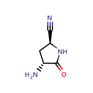 Chemical structure of (2S,4R)-rel-4-amino-5-oxo-pyrrolidine-2-carbonitrile , CAS 2306253-00-7, AChemBlock S86048