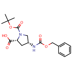 Chemical structure of (2R,4R)-4-(benzyloxycarbonylamino)-1-tert-butoxycarbonyl-pyrrolidine-2-carboxylic acid , CAS 2306252-34-4, AChemBlock S86087