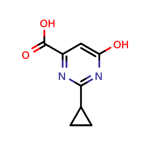 Chemical structure of 2-Cyclopropyl-6-hydroxypyrimidine-4-carboxylic acid , CAS 858956-25-9, AChemBlock S86347