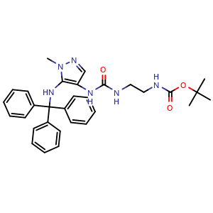 Chemical structure of N-[2-[[[[1-Methyl-5-[(triphenylmethyl)amino]-1H-pyrazol-4-yl]amino]carbonyl]amino]ethyl]carbamic acid tert-butyl ester , CAS 689293-69-4, AChemBlock S86360