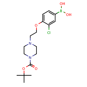 Chemical structure of (4-(2-(4-(tert-butoxycarbonyl)piperazin-1-yl)ethoxy)-3-chlorophenyl)boronic acid , CAS 1704074-18-9, AChemBlock S86415