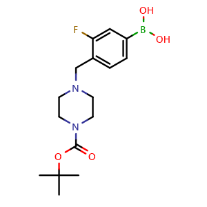 Chemical structure of (4-((4-(tert-butoxycarbonyl)piperazin-1-yl)methyl)-3-fluorophenyl)boronic acid , CAS 1704064-00-5, AChemBlock S86421