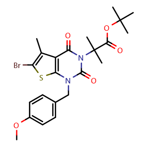 Chemical structure of tert-butyl 2-(6-bromo-1-(4-methoxybenzyl)-5-methyl-2,4-dioxo-1,4-dihydrothieno[2,3-d]pyrimidin-3(2H)-yl)-2-methylpropanoate , CAS 2375195-70-1, AChemBlock S86460