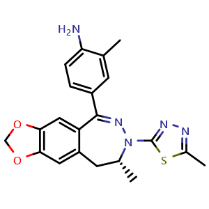 Chemical structure of (R)-5-(4-amino-3-methyl-phenyl)-8-methyl-7-(5-methyl-1,3,4-thiadiazol-2-yl)-8,9-dihydro-7H-1,3-dioxolo[4,5-h][2,3]-benzodiazepine , CAS 732278-52-3, AChemBlock S86589