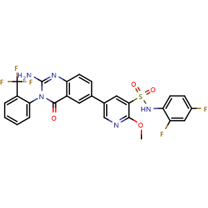 Chemical structure of 5-(2-amino-4-oxo-3-(2-(trifluoromethyl)phenyl)-3,4-dihydroquinazolin-6-yl)-N-(2,4-difluorophenyl)-2-methoxypyridine-3-sulfonamide , CAS 1384097-27-1, AChemBlock S86604