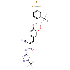 Chemical structure of (E)-3-[4-[[2,4-bis(trifluoromethyl)phenyl]methoxy]-3-methoxyphenyl]-2-cyano-N-[5-(trifluoromethyl)-1,3,4-thiadiazol-2-yl]prop-2-enamide , CAS 725247-18-7, AChemBlock S86607