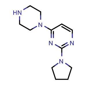 Chemical structure of 4-(Piperazin-1-yl)-2-(pyrrolidin-1-yl)pyrimidine , CAS 1503527-77-2, AChemBlock S86626