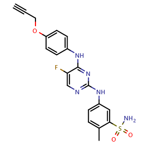 Chemical structure of 5-[5-Fluoro-4-(4-prop-2-ynyloxy-phenylamino)-pyrimidin-2-ylamino]-2-methyl-benzenesulfonamide , CAS 916741-98-5, AChemBlock S86633