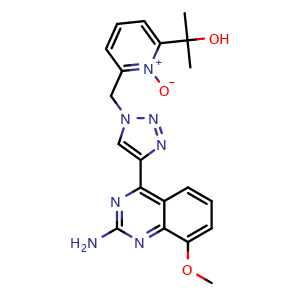 Chemical structure of 2-{6-[4-(2-Amino-8-methoxy-quinazolin-4-yl)-[1,2,3]triazol-1-ylmethyl]-1-oxy-pyridin-2-yl}-propan-2-ol , CAS 2249736-06-7, AChemBlock S86658