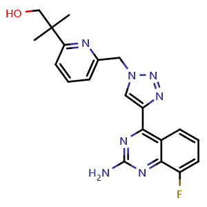 Chemical structure of 2-{6-[4-(2-Amino-8-fluoro-quinazolin-4-yl)-[1,2,3]triazol-1-ylmethyl]-pyridin-2-yl}-2-methyl-propan-1-ol , CAS 2249736-27-2, AChemBlock S86659