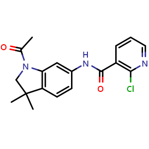 Chemical structure of N-(1-acetyl-3,3-dimethylindolin-6-yl)-2-chloronicotinamide , CAS 1420999-91-2, AChemBlock S86698