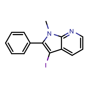 Chemical structure of 3-iodo-1-methyl-2-phenyl-1H-pyrrolo[2,3-b]pyridine , CAS 945608-15-1, AChemBlock S86794