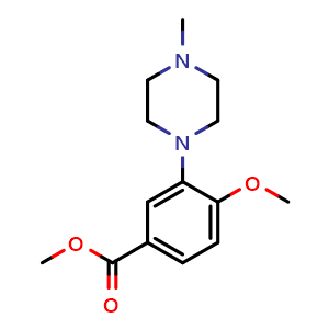 Chemical structure of 4-Methoxy-3-(4-methyl-piperazin-1-yl)-benzoic acid methyl ester , CAS 148672-70-2, AChemBlock S86846