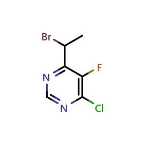 Chemical structure of 4-(1-Bromoethyl)-6-chloro-5-fluoropyrimidine , CAS 188416-28-6, AChemBlock S87032