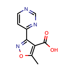 Chemical structure of 5-methyl-3-(pyrimidin-4-yl)isoxazole-4-carboxylic acid , CAS 1083424-22-9, AChemBlock S87073