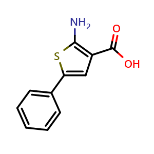 Chemical structure of 2-amino-5-phenylthiophene-3-carboxylic acid , CAS 14770-84-4, AChemBlock S87104