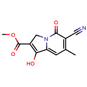 Chemical structure of methyl 6-cyano-1-hydroxy-7-methyl-5-oxo-3,5-dihydroindolizine-2-carboxylate , CAS 73427-92-6, AChemBlock S87149
