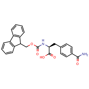 Chemical structure of (S)-2-((((9H-fluoren-9-yl)methoxy)carbonyl)amino)-3-(4-carbamoylphenyl)propanoic acid , CAS 204716-17-6, AChemBlock S87233