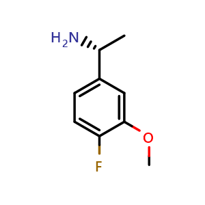 Chemical structure of (R)-1-(4-fluoro-3-methoxyphenyl)ethan-1-amine , CAS 1157581-09-3, AChemBlock S87387