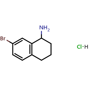 Chemical structure of 7-bromo-1,2,3,4-tetrahydronaphthalen-1-amine hydrochloride , CAS 1199782-93-8, AChemBlock S87419