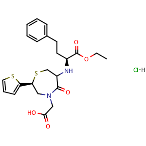 Chemical structure of 2-((2S)-6-(((S)-1-ethoxy-1-oxo-4-phenylbutan-2-yl)amino)-5-oxo-2-(thiophen-2-yl)-1,4-thiazepan-4-yl)acetic acid hydrochloride , CAS 110221-44-8, AChemBlock S88145