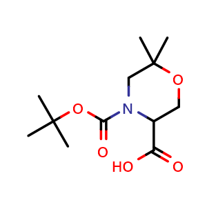 Chemical structure of 4-(tert-butoxycarbonyl)-6,6-dimethylmorpholine-3-carboxylic acid , CAS 1255098-50-0, AChemBlock S88167