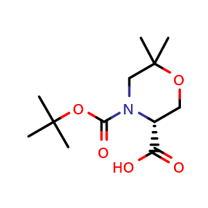 Chemical structure of (R)-4-(tert-butoxycarbonyl)-6,6-dimethylmorpholine-3-carboxylic acid , CAS 1263077-92-4, AChemBlock S88174