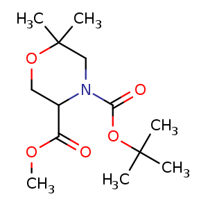 Chemical structure of 4-(tert-butyl) 3-methyl 6,6-dimethylmorpholine-3,4-dicarboxylate , CAS 1272758-01-6, AChemBlock S88178