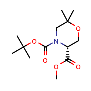 Chemical structure of 4-(tert-butyl) 3-methyl (R)-6,6-dimethylmorpholine-3,4-dicarboxylate , CAS 1439922-07-2, AChemBlock S88198
